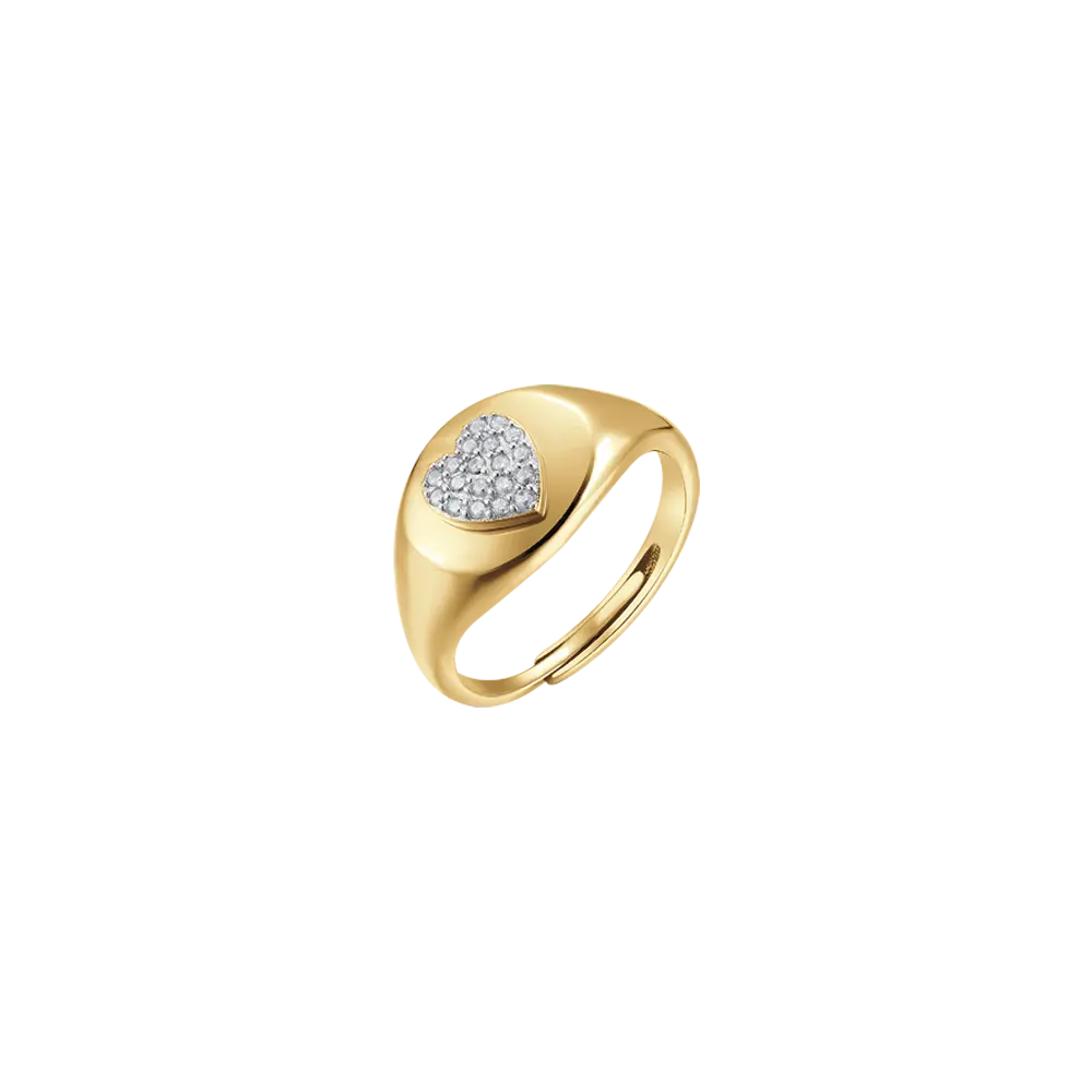 ANELLO SIGILLO IN ARGENTO IP GOLD CON CUORE E ZIRCONI BIANCHI Melitea