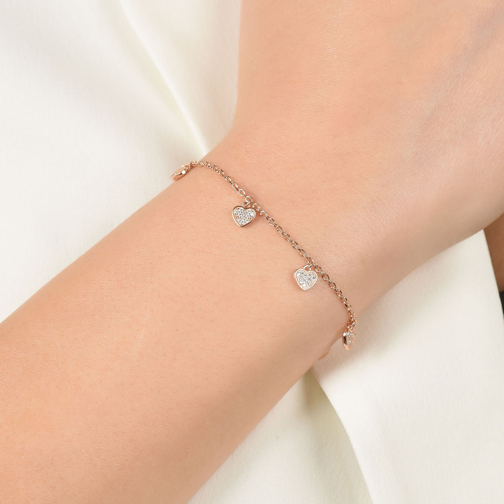 BRACCIALE IN ARGENTO IP ROSE CON CUORI CON CRISTALLI BIANCHI Melitea