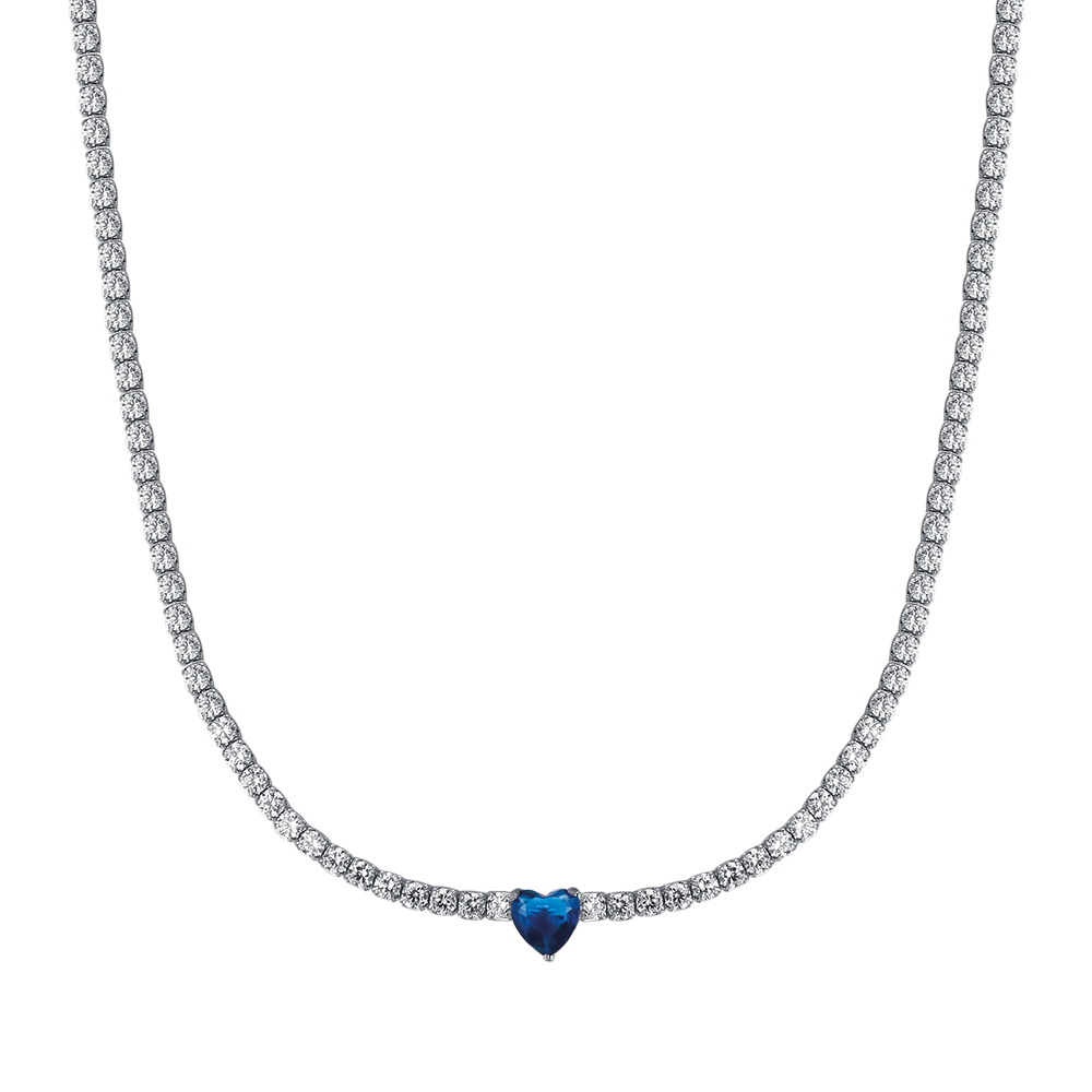 COLLANA TENNIS IN ARGENTO CON ZIRCONI BIANCHI E CUORE BLU Melitea