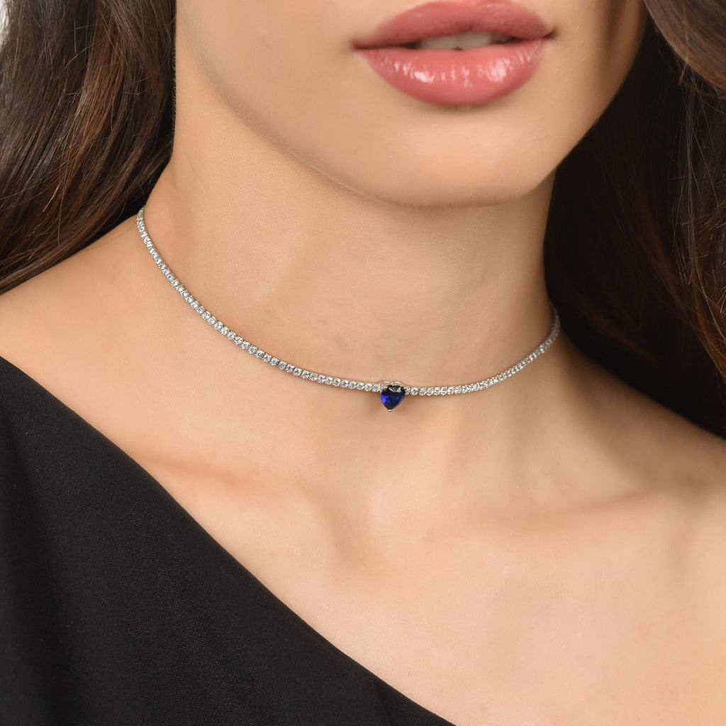 COLLANA TENNIS IN ARGENTO CON ZIRCONI BIANCHI E CUORE BLU Melitea