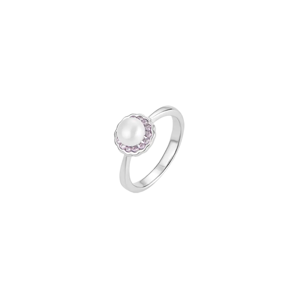 SILVER ADJUSTABLE RING WITH PEARL AND PINK CRYSTALS Melitea