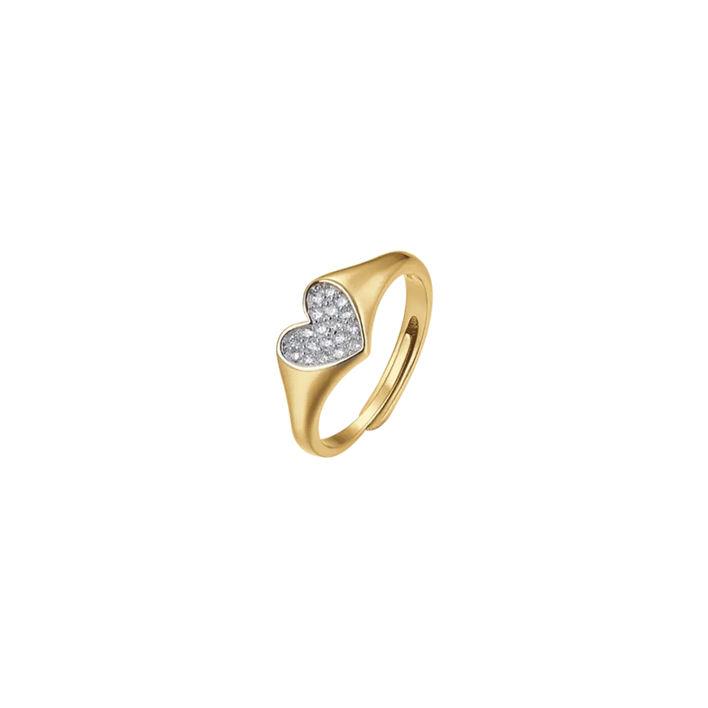 IP GOLD SILVER SEAL RING WITH HEART AND WHITE ZIRCONES Melitea