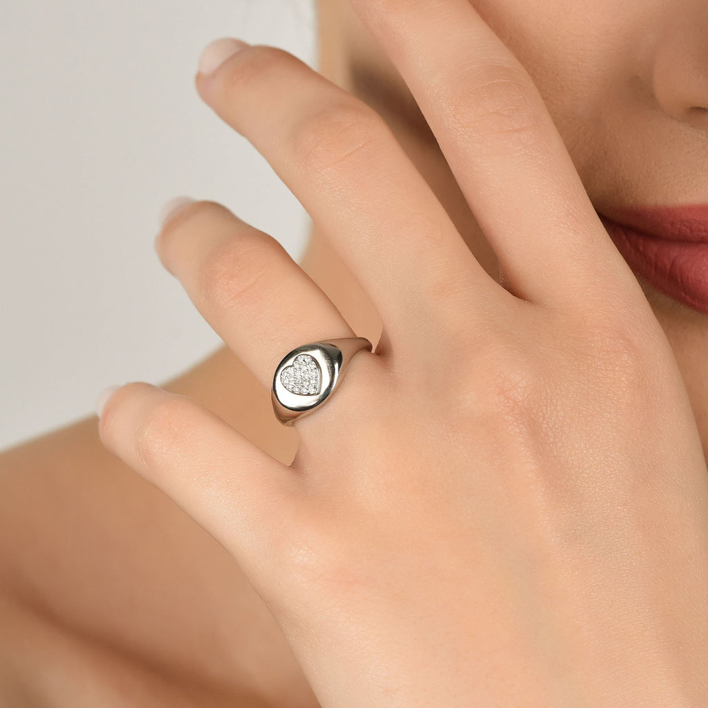 SILVER SEAL RING WITH HEART AND WHITE ZIRCONES Melitea