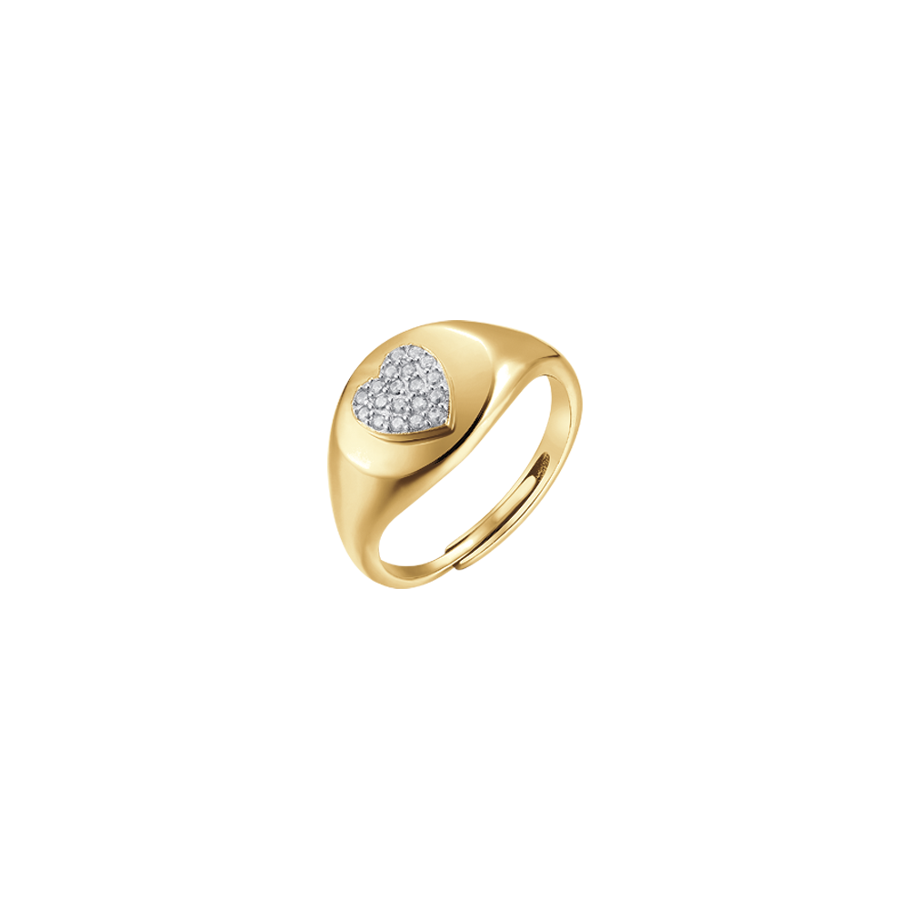 IP GOLD SILVER SEAL RING WITH HEART AND WHITE ZIRCONES Melitea