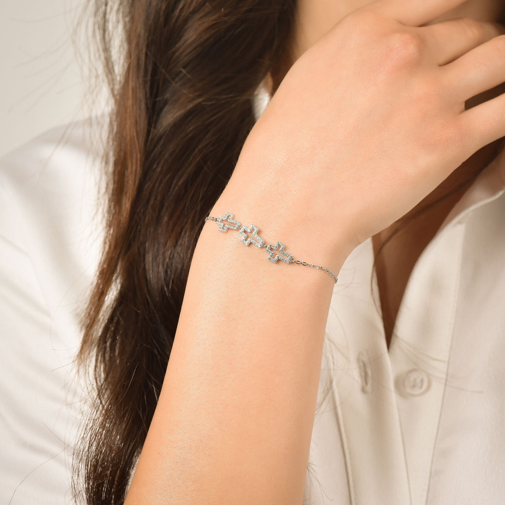 SILVER BRACELET WITH CROSSES WITH WHITE CRYSTALS Melitea