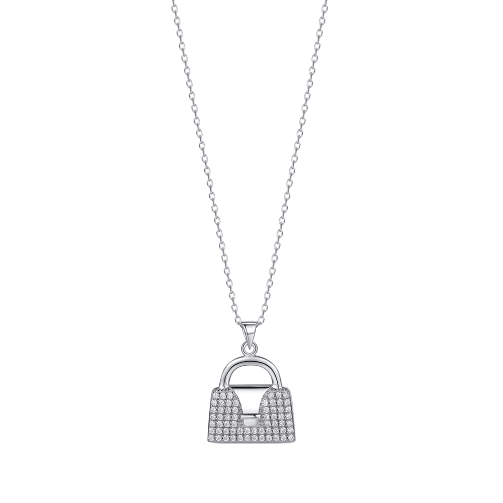 silver necklace with purse pendant with white rhinestones melitea