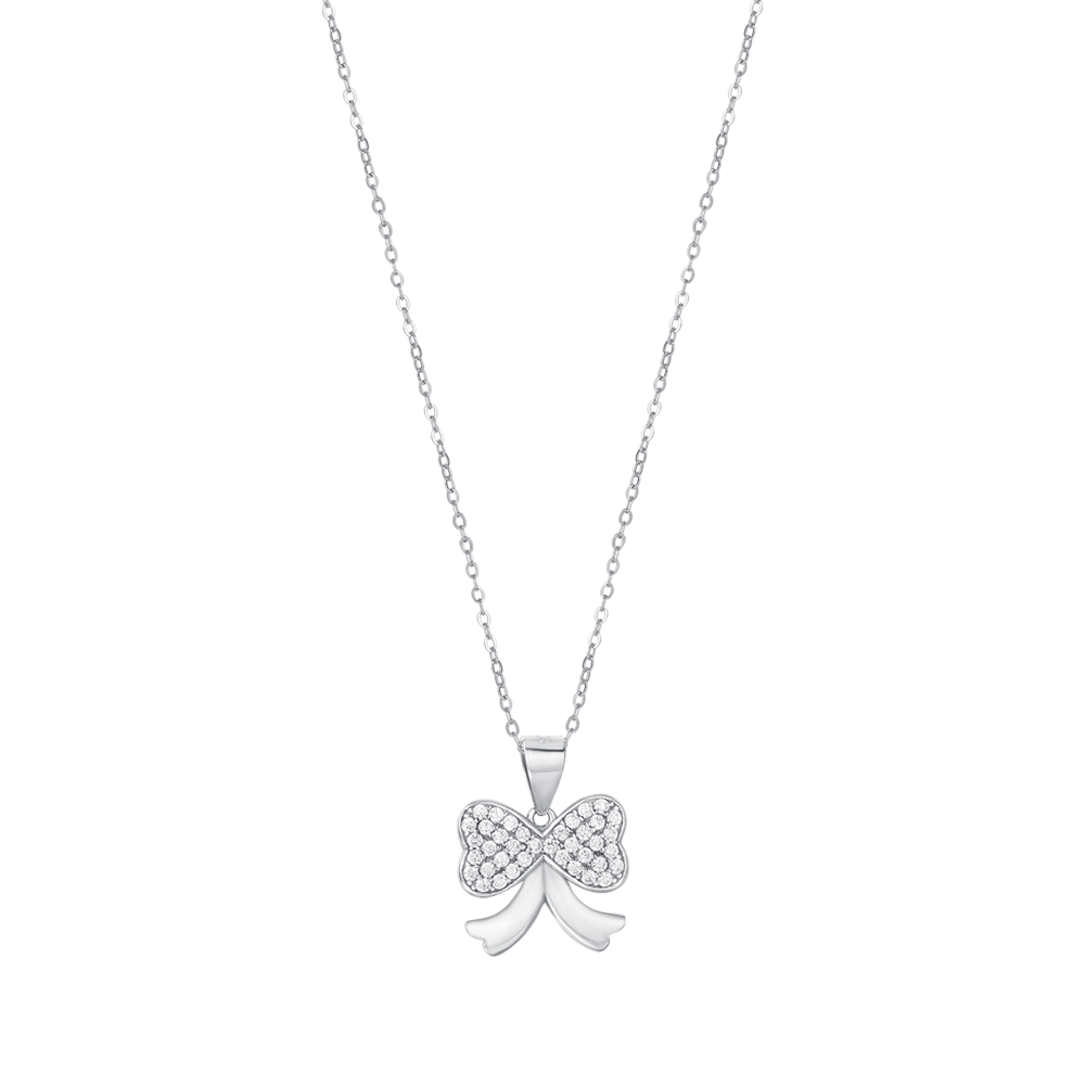 silver necklace with bow tie with white crystals melitea