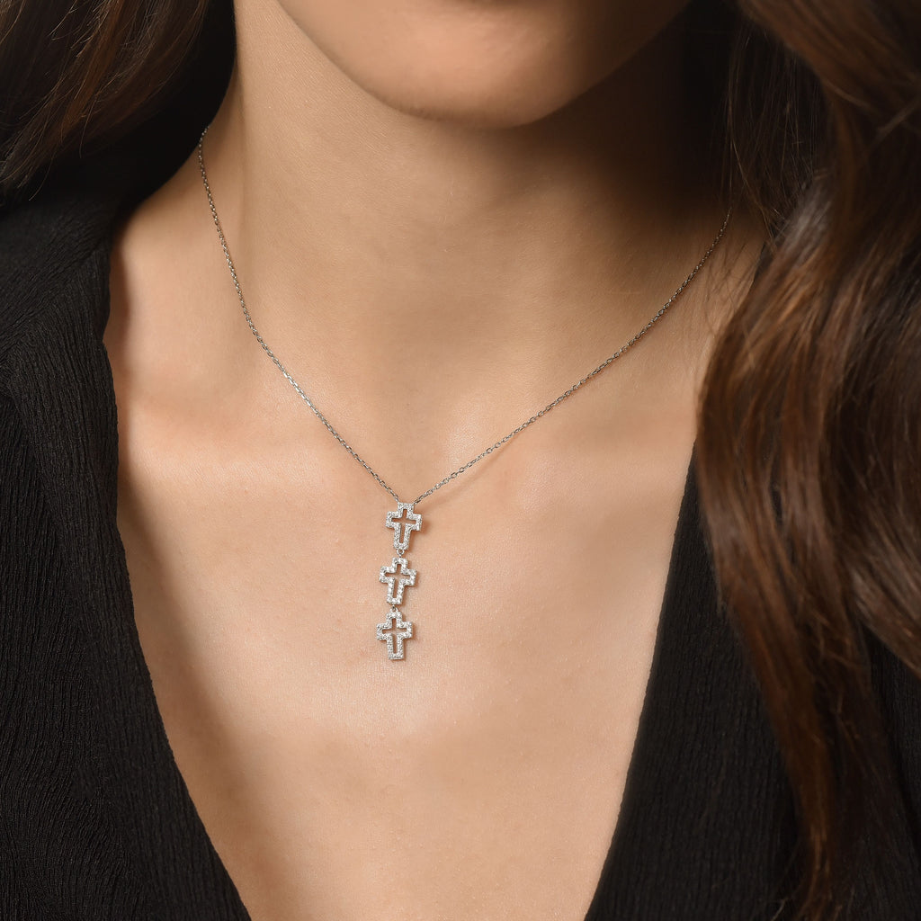 SILVER NECKLACE WITH CROSSES WITH WHITE CRYSTALS Melitea