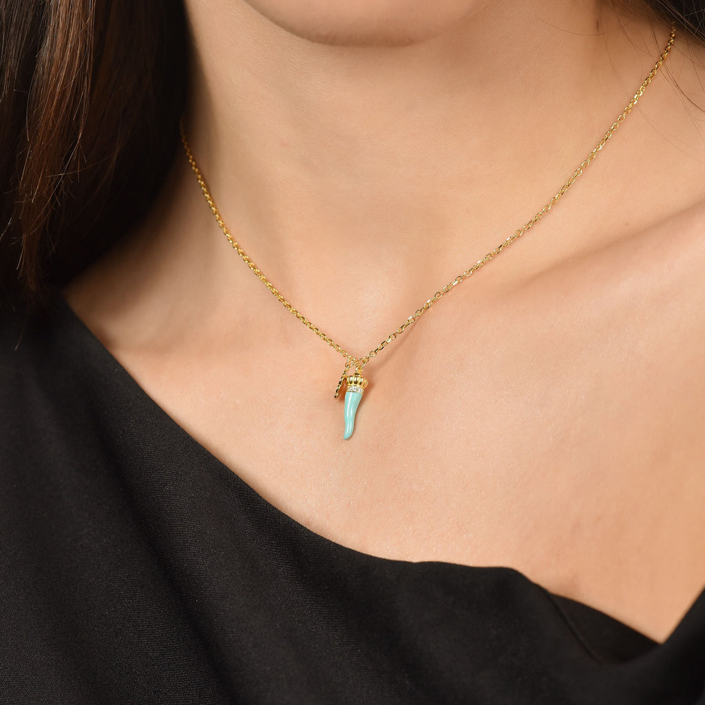 SILVER NECKLACE WITH TURQUOISE CORN AND QUADRIFOGLIO Melitea