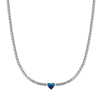 SILVER TENNIS NECKLACE WITH WHITE ZIRCONES AND BLUE HEART Melitea