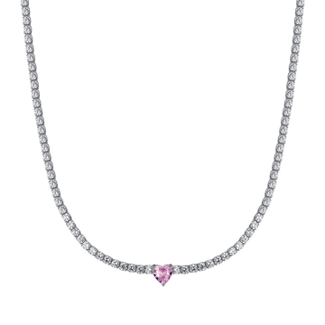 SILVER TENNIS NECKLACE WITH WHITE ZIRCONES AND PINK HEART Melitea